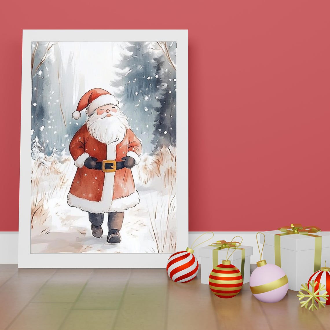 Cute Santa Claus Walking In Snowy Forest Watercolor Christmas Poster - Image 6