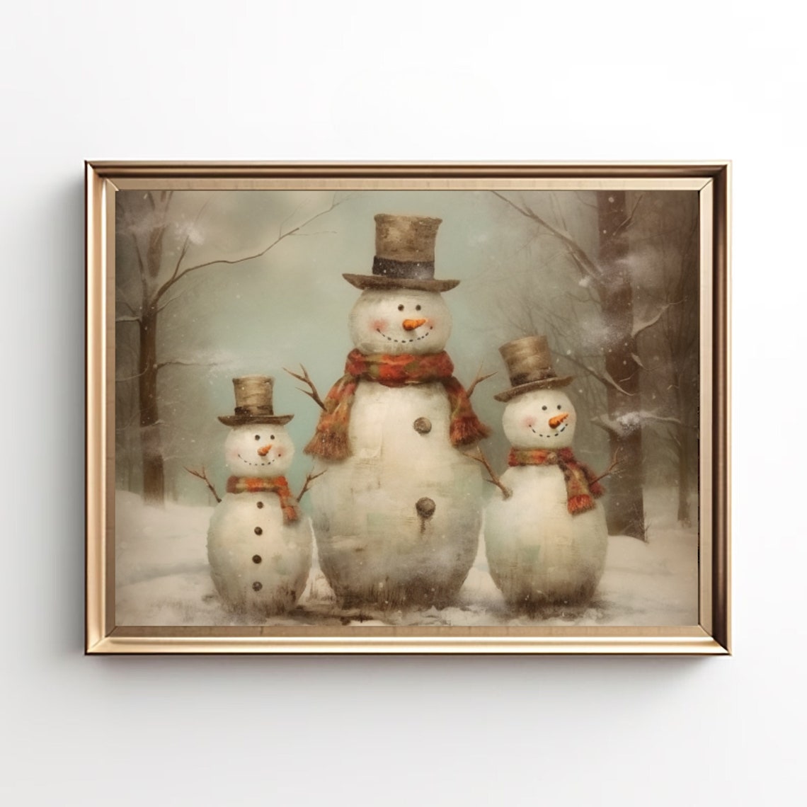 Vintage Snowman Family Three Snowmen With Top Hats Winter Scene Poster