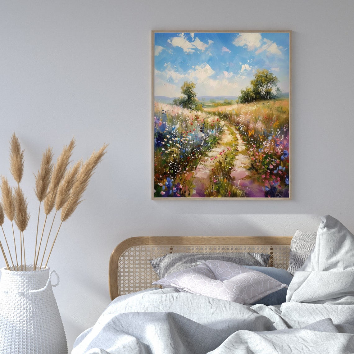 Wildflower Meadow Path Under Bright Blue Summer Sky Art Poster - Image 2