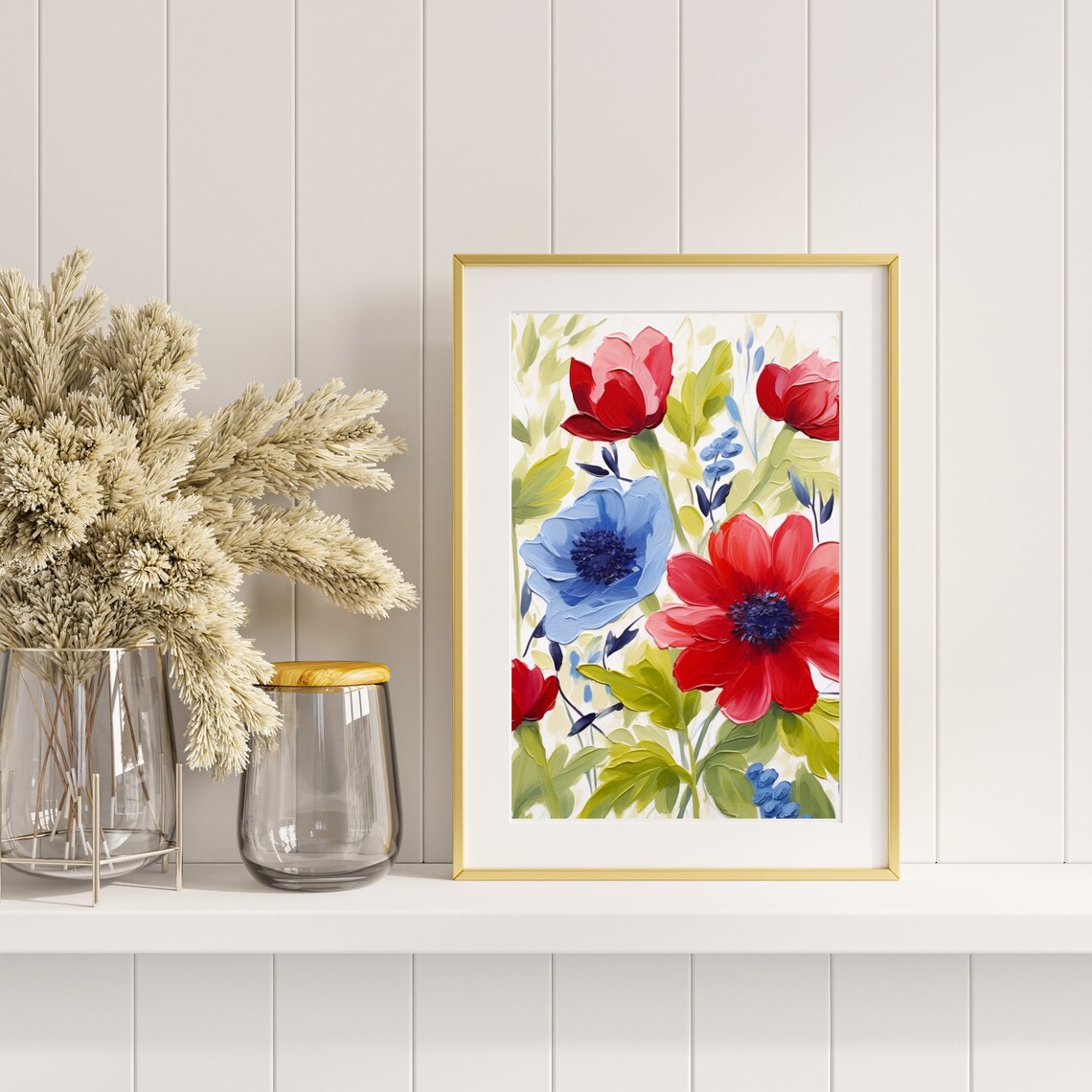Bold Red and Blue Flowers Impasto Floral Oil Painting Poster - Image 4