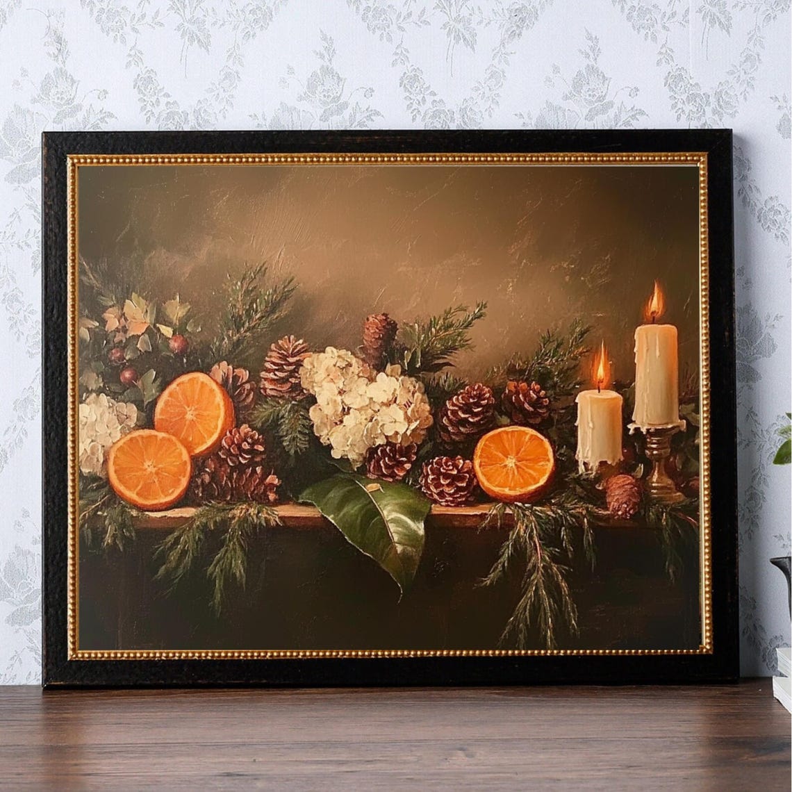 Holiday Oranges Pinecones Candles Festive Still Life Painting Poster - Image 2