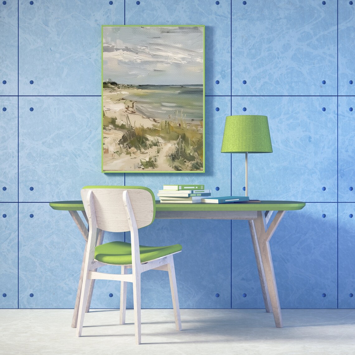 Serene Muted Coastal Dunes Seascape Calm Ocean Oil Painting Poster - Image 3