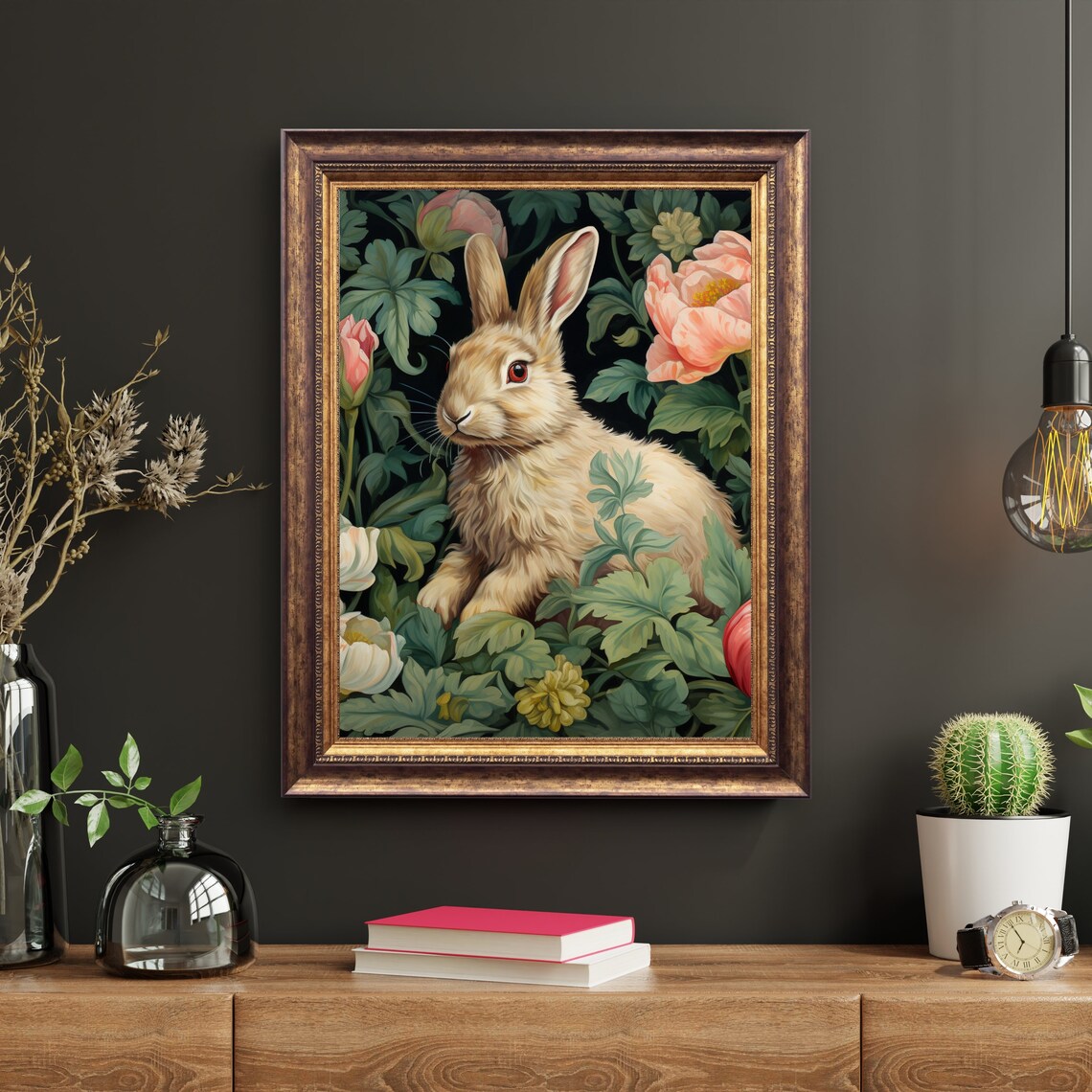 Rabbit in a Vintage Peony Garden Painting Morris Style Poster - Image 5