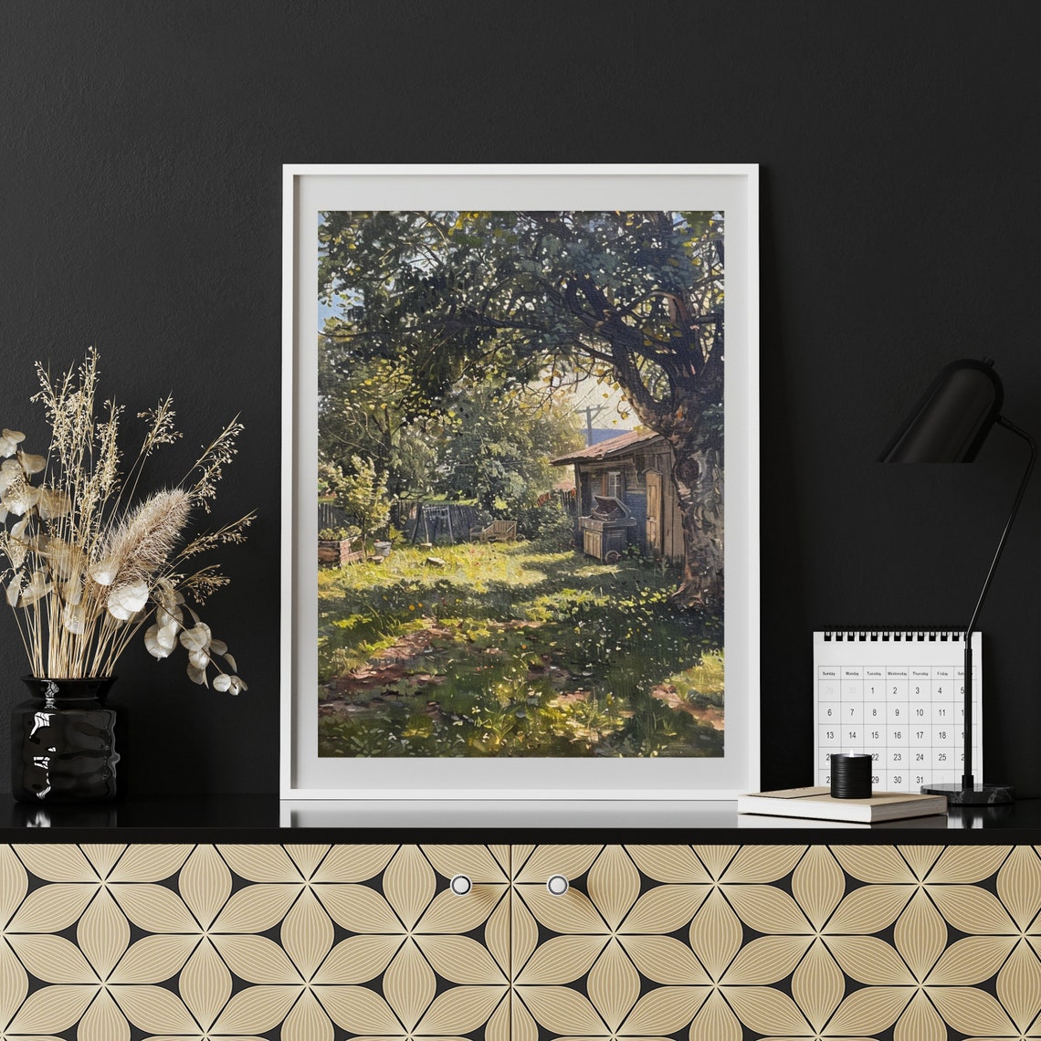 Sunlit Country Garden with Rustic Cabin under Big Tree Painting Poster - Image 2