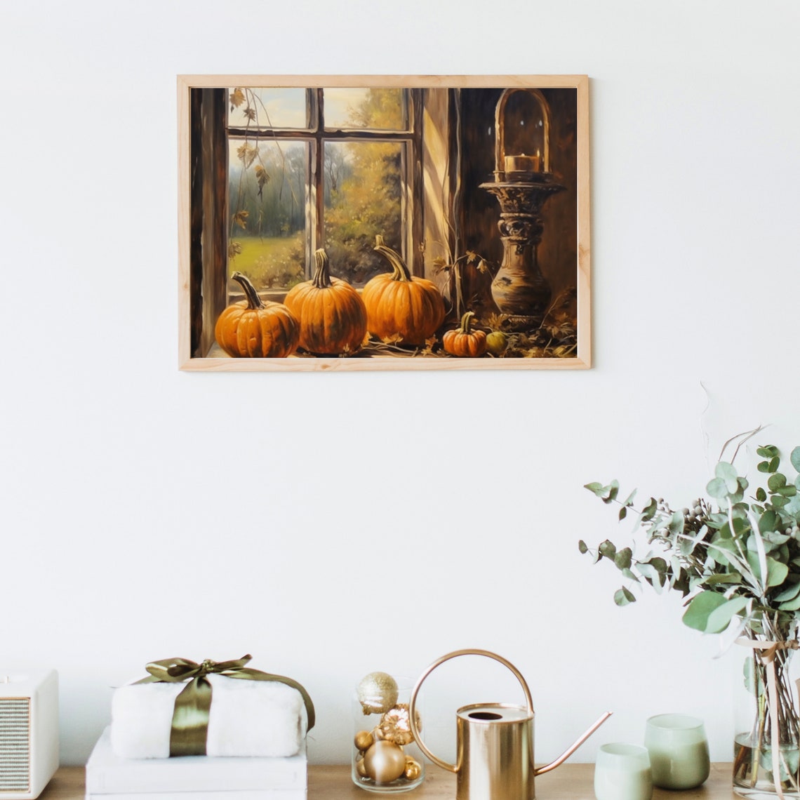 Pumpkins On Autumn Windowsill With Lantern Golden Fall Poster - Image 5