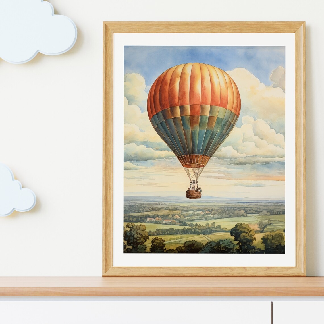 Vintage Hot Air Balloon Floating Over Countryside Painting Poster - Image 3