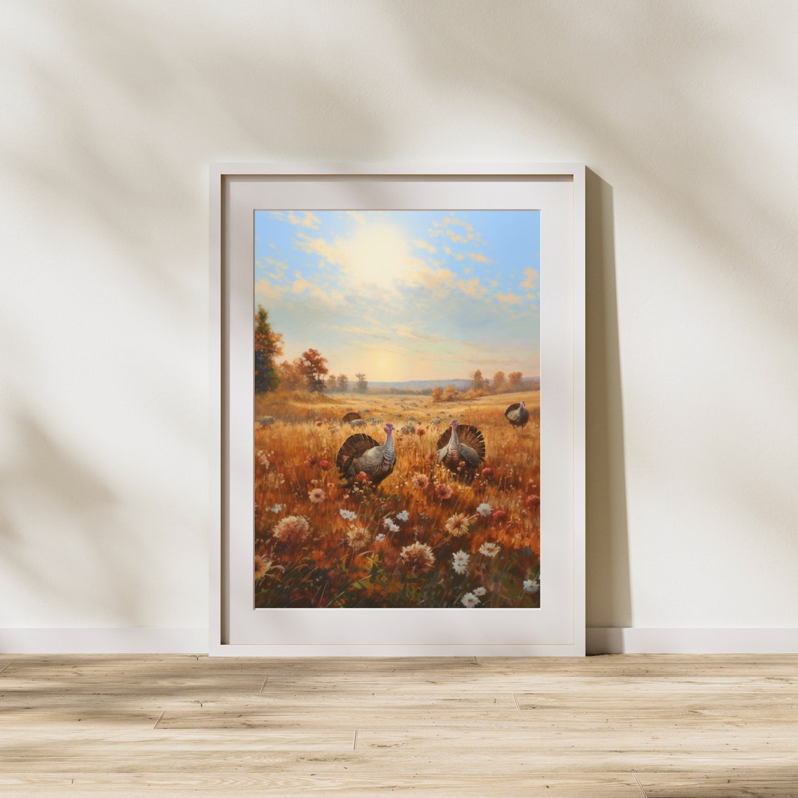 Wild Turkeys in Autumn Meadow Wildflower Field Painting Poster - Image 4