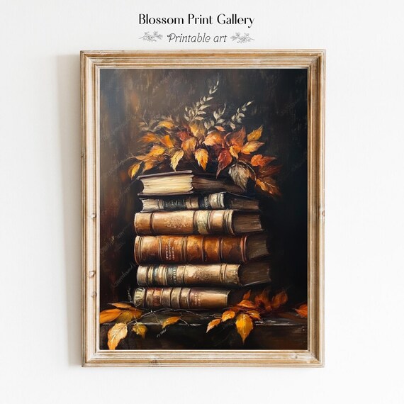 Antique Books Stack Autumn Leaves Moody Dark Still Life Poster