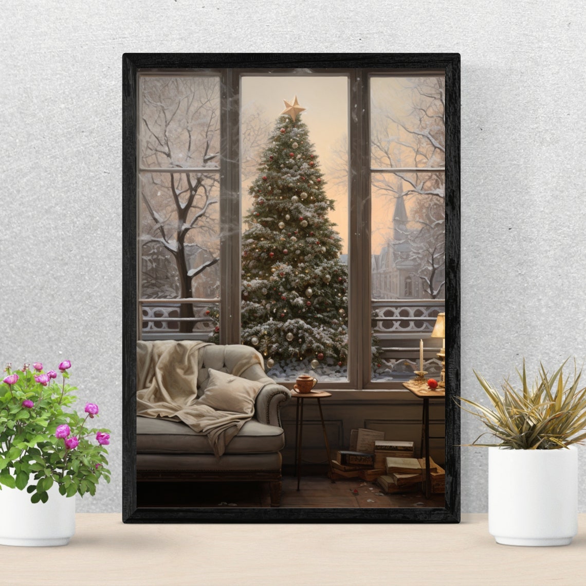 Cozy Armchair by Window with Snowy Christmas Tree Painting Poster - Image 4