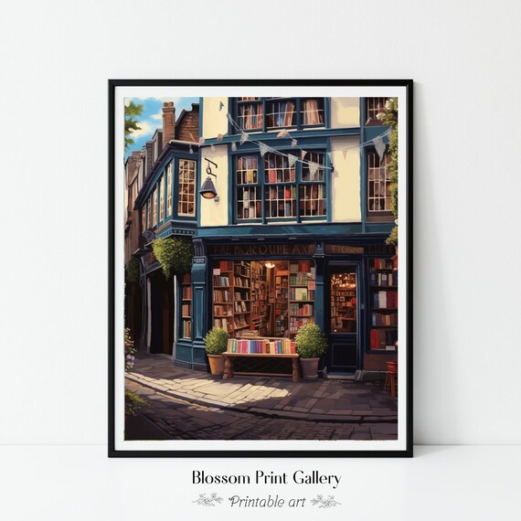 Charming Vintage Corner Bookshop Street Scene Painting Poster