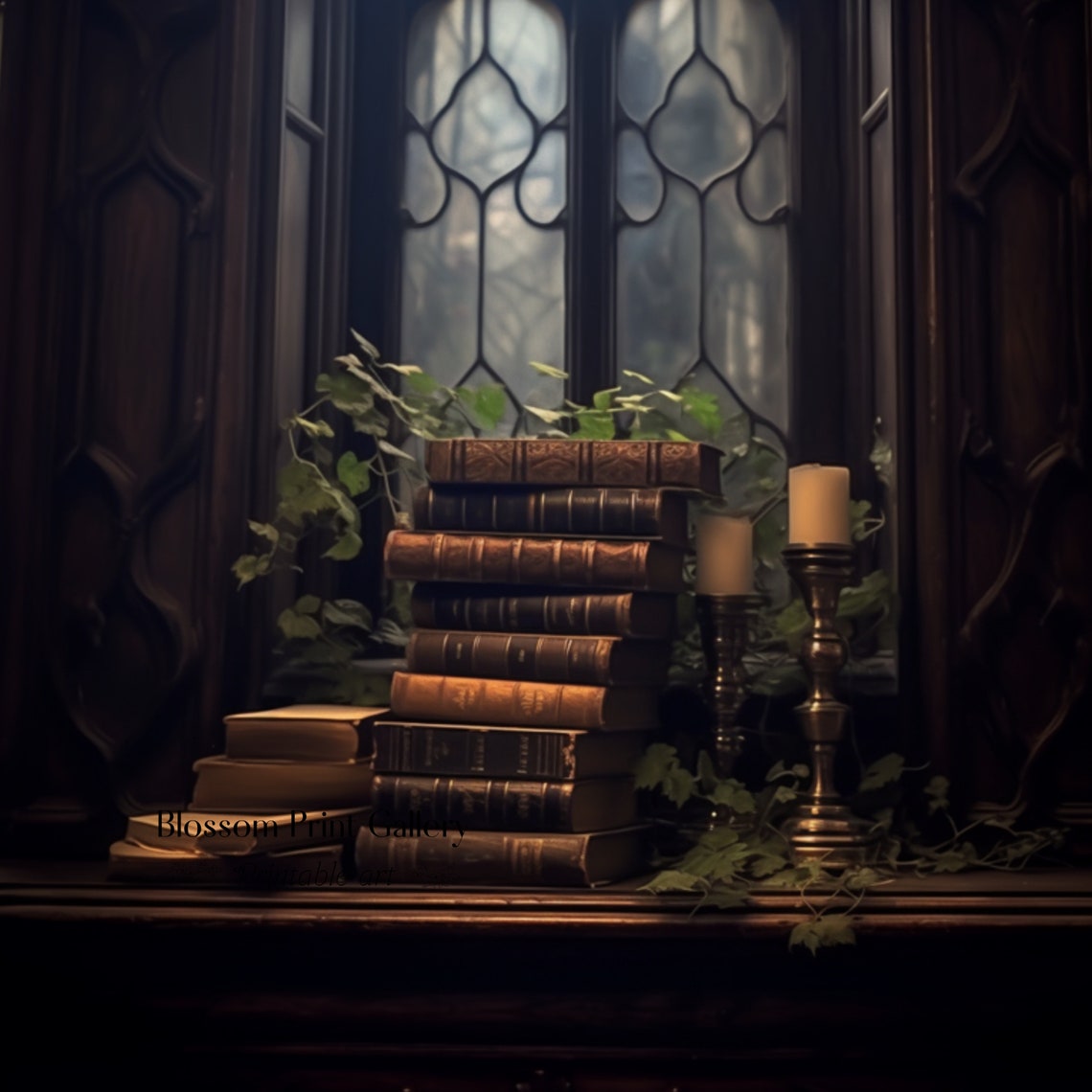 Stack Of Old Books By Gothic Window Dark Academia Painting Poster - Image 3