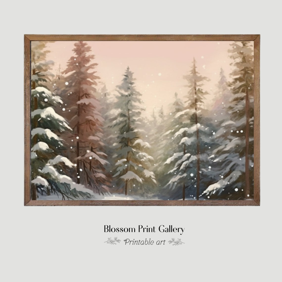 Snowy Pine Forest At Blush Pink Dusk In Falling Snowfall Print - Image 6