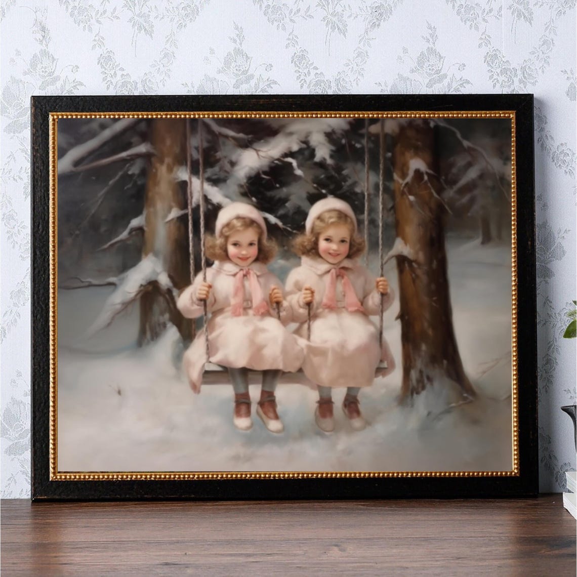 Vintage Christmas Wall Art Swinging Girls Oil Painting Old Fashion Christmas Christmas Decor Winter Holiday 759 - Image 3