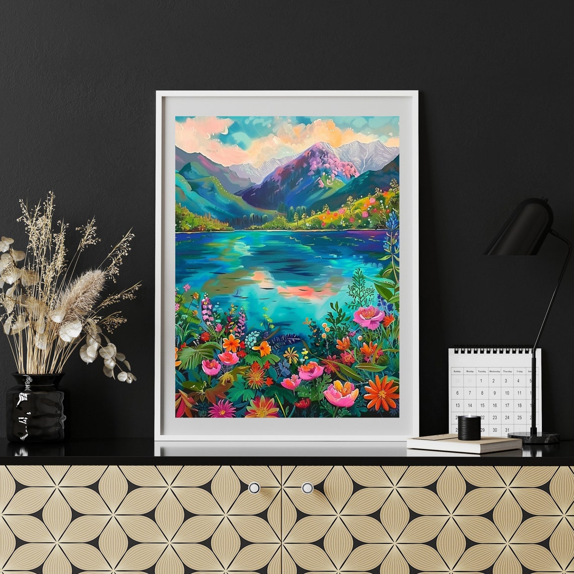 Colorful Mountain Lake With Wildflowers In Impressionist Style Print - Image 3
