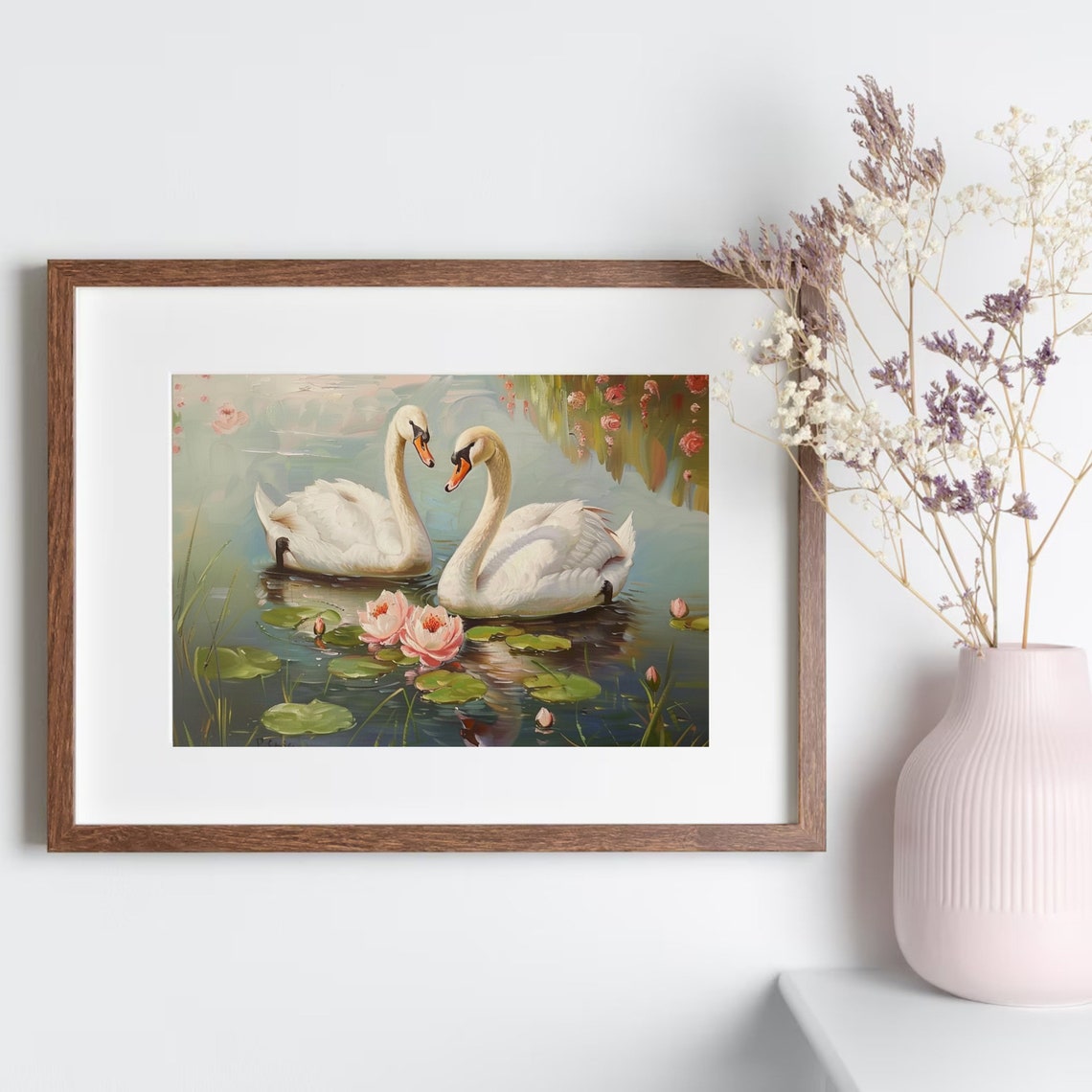 Two Graceful White Swans Beside Pink Water Lilies Pond Poster - Image 5