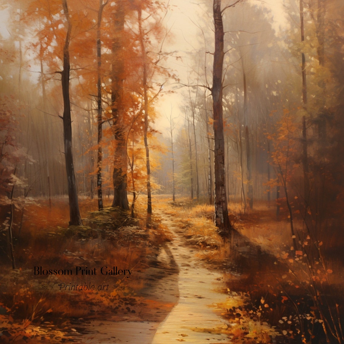 Golden Autumn Forest Path in Mist Warm Fall Landscape Painting Poster - Image 3