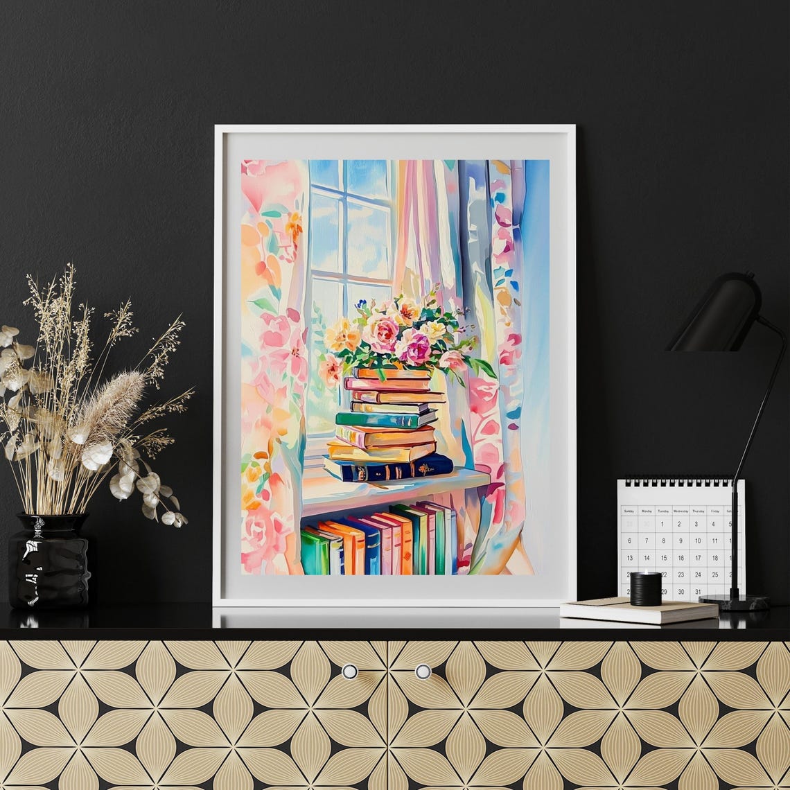 Stack Of Books By Sunny Window Watercolor Book Lover Painting Poster - Image 5
