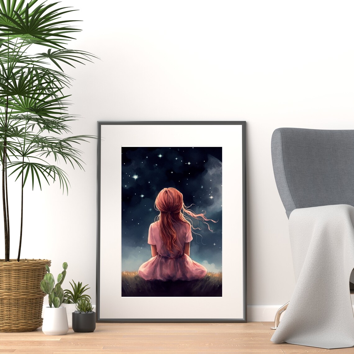 Little Girl Watching Stars and Moon Night Sky Painting Poster - Image 4