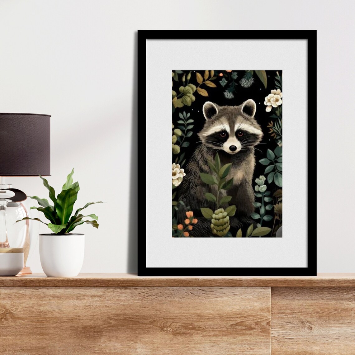 Raccoon Among Flowers Dark Botanical Folk Art Cute Woodland Animal Poster - Image 4