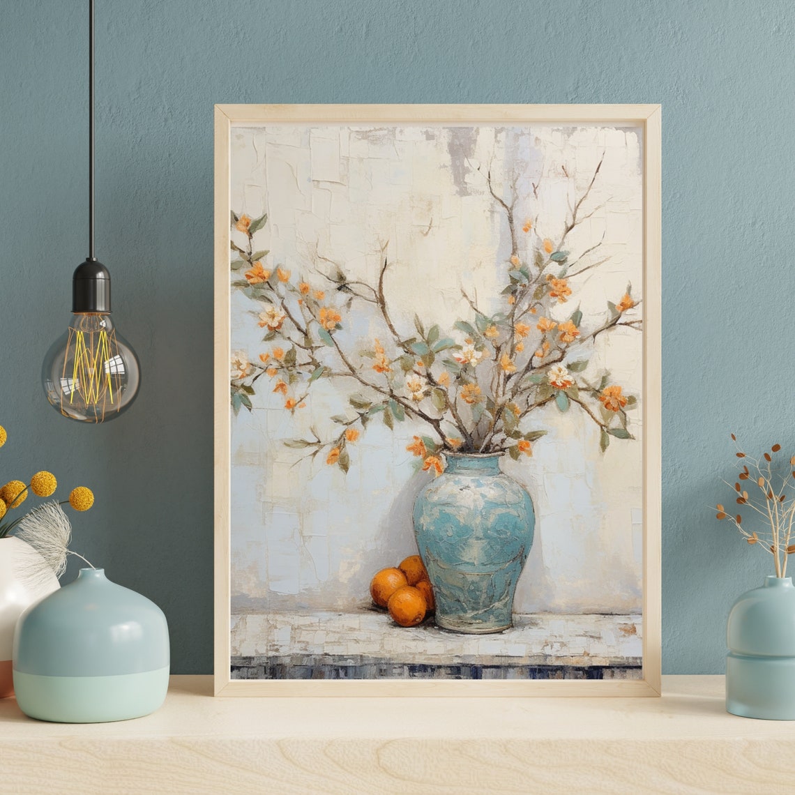 Orange Blossom Branches Turquoise Vase Still Life Painting Poster - Image 5