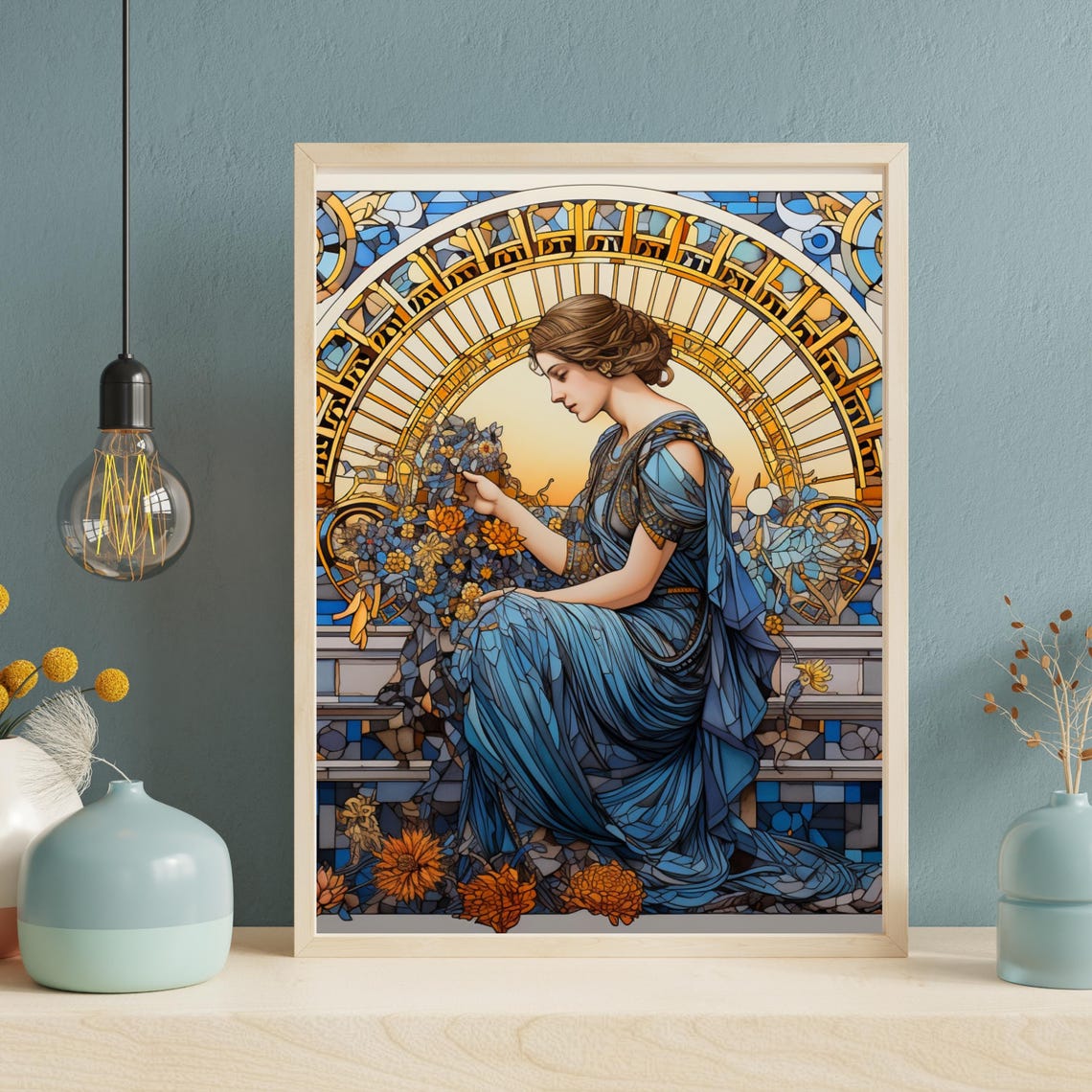 Art Nouveau Stained Glass Woman with Marigolds Painting Poster - Image 3