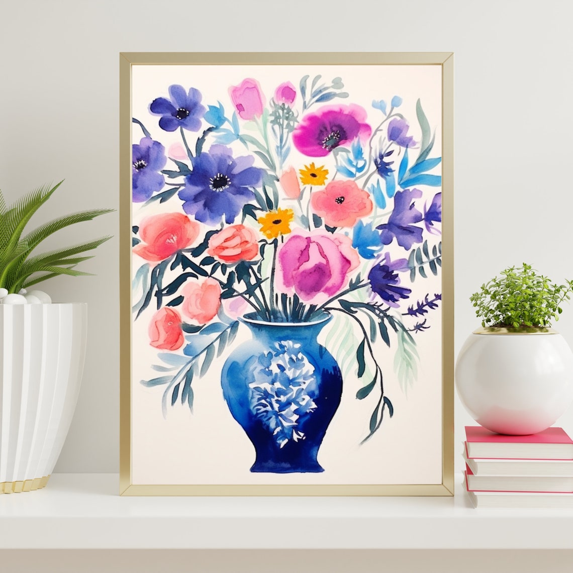 Watercolor Wildflower Bouquet in a Cobalt Vase Floral Wall Art - Image 2