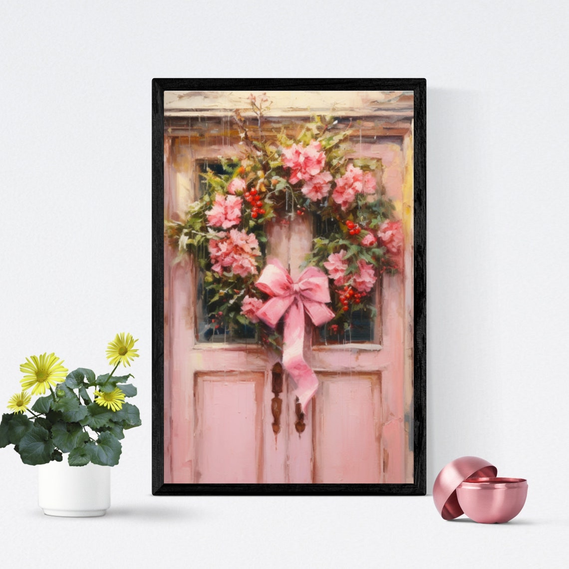 Pink Christmas Wreath With A Pink Bow On A Pink Wooden Door Poster - Image 4