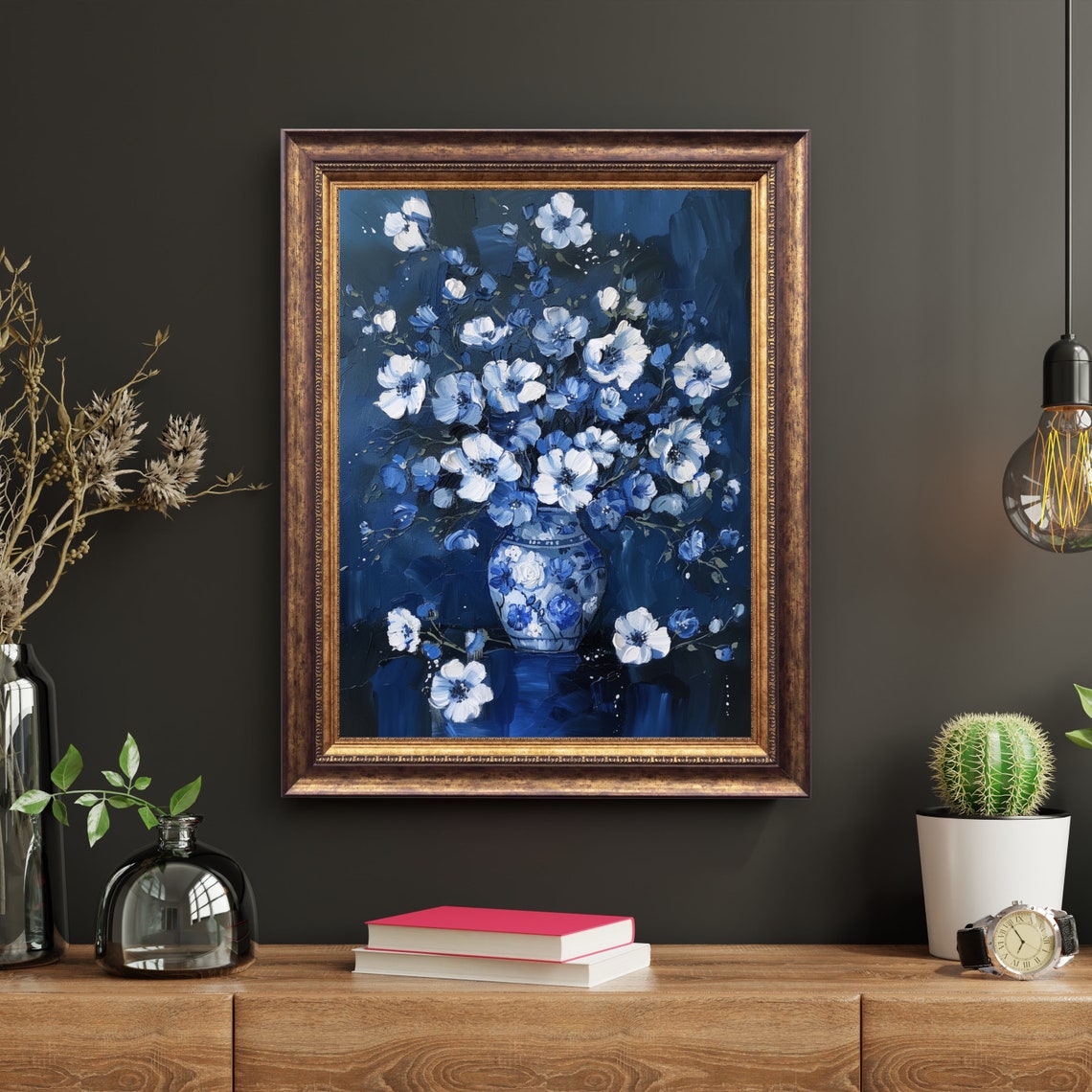 Blue And White Flowers In A Porcelain Vase On A Dark Background Print - Image 5