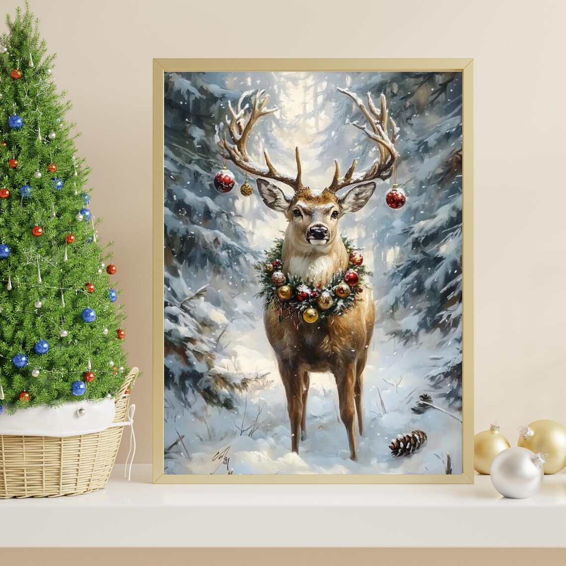 Majestic Deer With Ornament Wreath In Snowy Christmas Forest Poster - Image 5