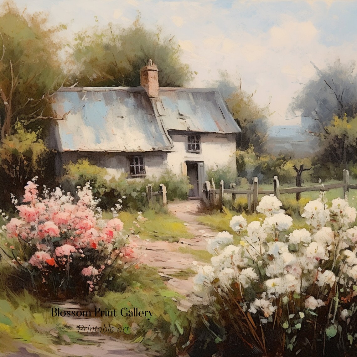 Cozy Cottage Surrounded By Pink And White Blossom Bushes Print - Image 3