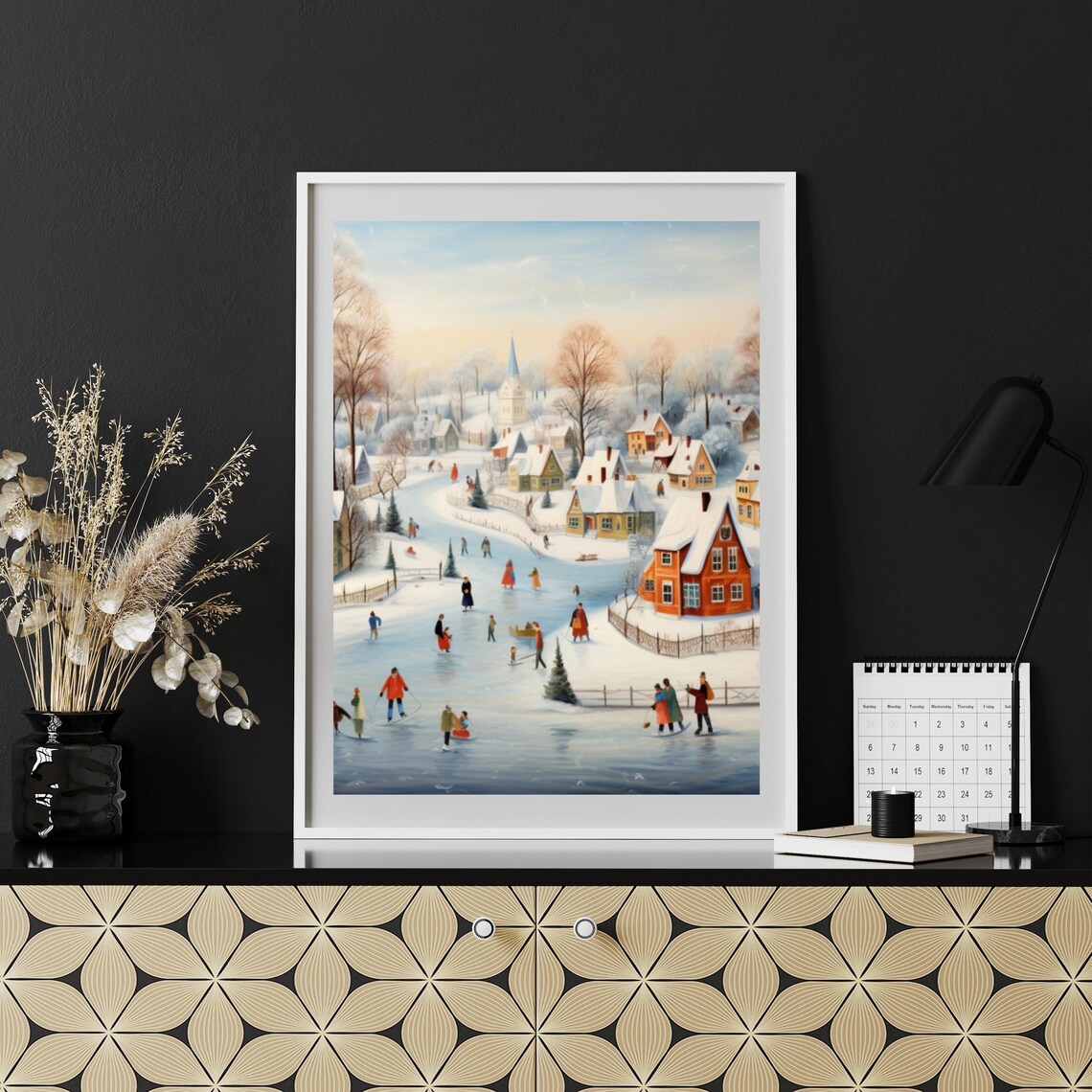 Winter Village Frozen Pond Ice Skaters Snowy Church Folk Art Poster - Image 2