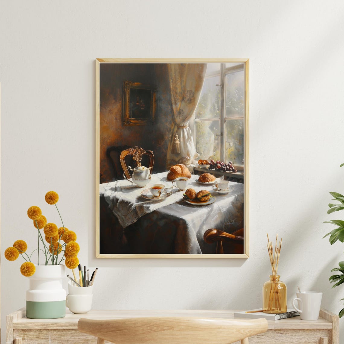 Vintage Tea Table with Croissants and Tea by Sunlit Window Poster - Image 3
