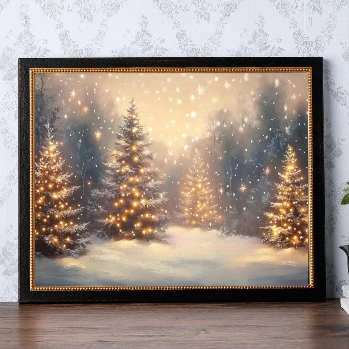 Glowing Christmas Trees Snowy Night Winter Forest Painting Poster - Image 4