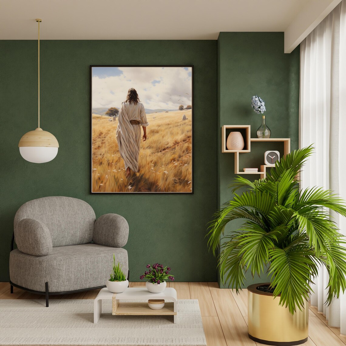 Jesus Walking In Wheat Field With Sheep Golden Christian Art Painting Poster - Image 2