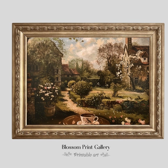 Mansion Garden Oil Painting Vintage Moody Wall Art Living Room Decor Cottagecore Dark Academia Farmhouse Print Rustic 535