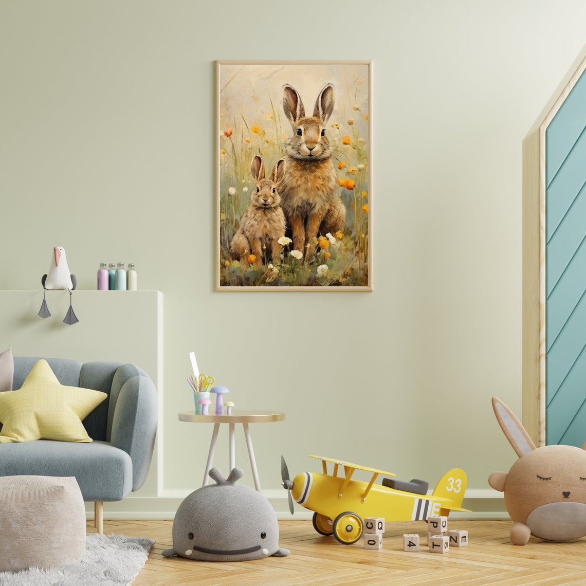 Two Hares in a Wildflower Meadow Rustic Vintage Animal Wall Art - Image 5