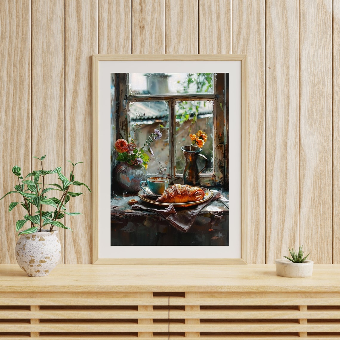 Morning Coffee And Croissant Rustic Windowsill Still Life Poster - Image 3