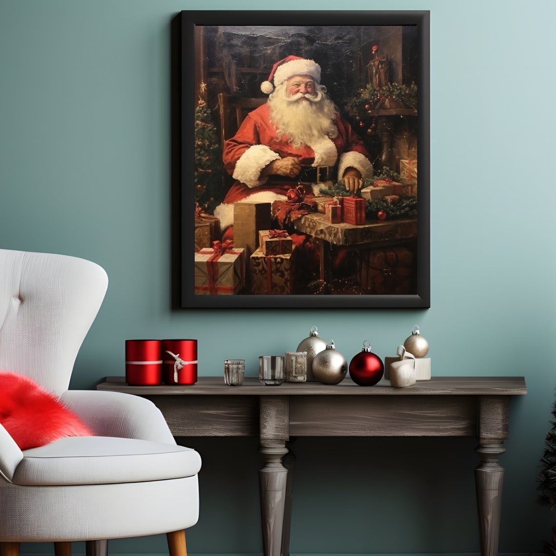 Jolly Santa Claus Gifts Workshop Vintage Christmas Painting Poster - Image 6