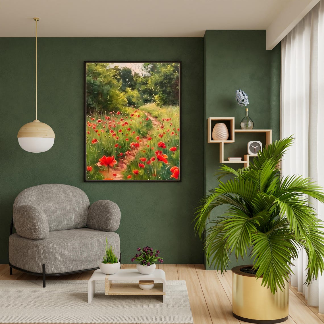Red Poppy Field Winding Path Impressionist Summer Meadow Poster - Image 3