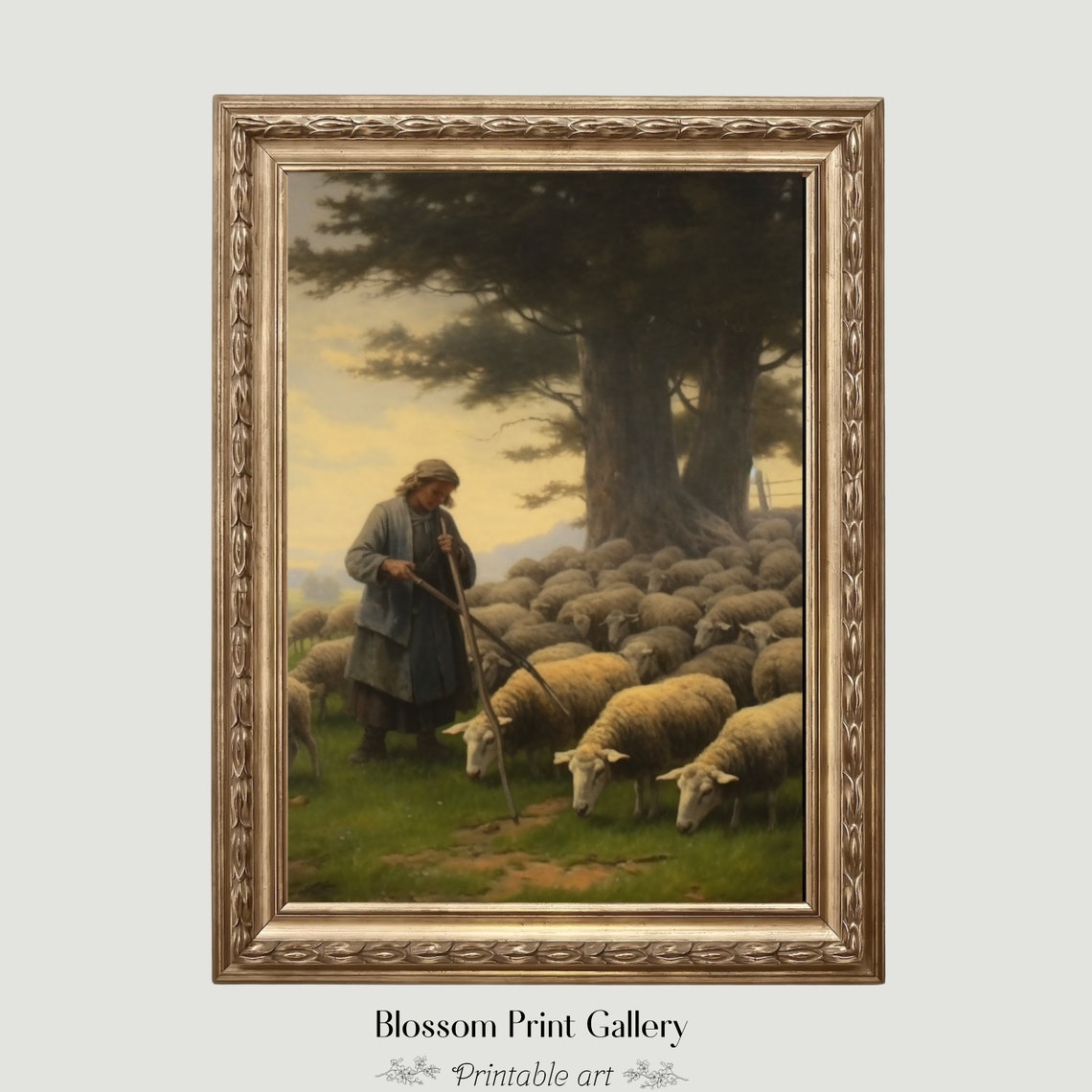 Shepherd With Sheep Flock Golden Sunset Pastoral Painting Poster