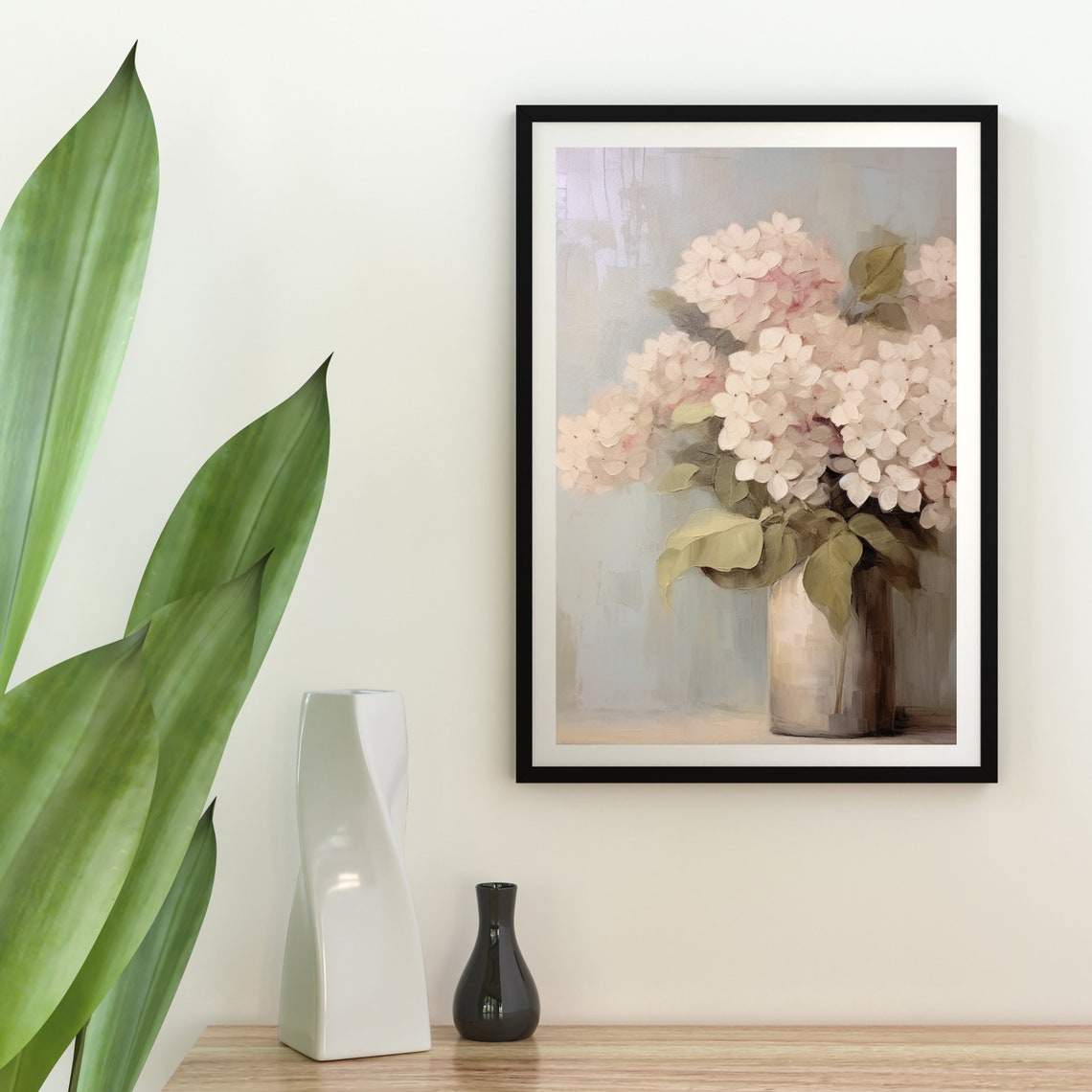 Pale Pink Hydrangeas In A White Vase On A Soft Muted Background Print - Image 4
