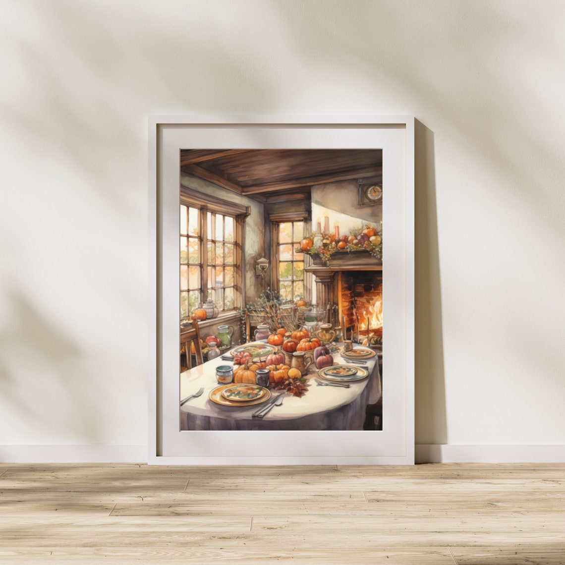 Cozy Harvest Thanksgiving Table by Fireplace Painting Poster - Image 4
