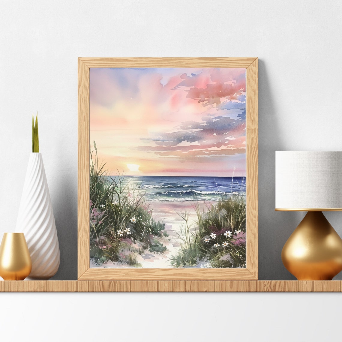 Pink Sunset Beach Path Watercolor Seascape Ocean Waves Poster - Image 5