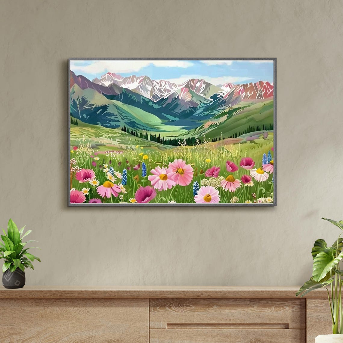Alpine Wildflower Meadow Pink Daisy Mountain Landscape Art Poster - Image 3