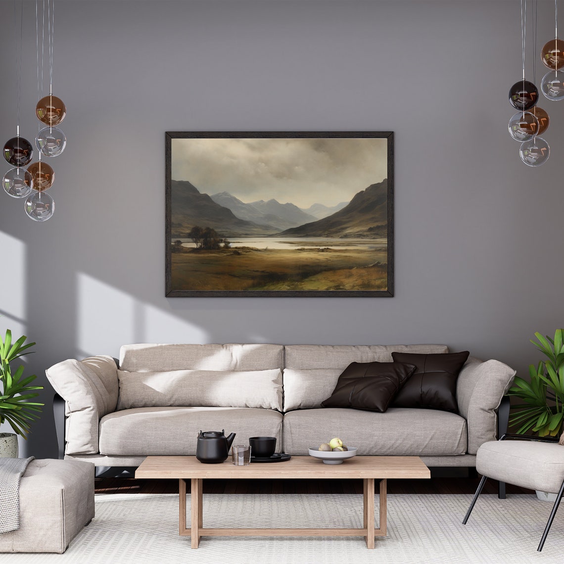 Moody Misty Mountain Lake Valley View In Muted Earth Tones Print - Image 4