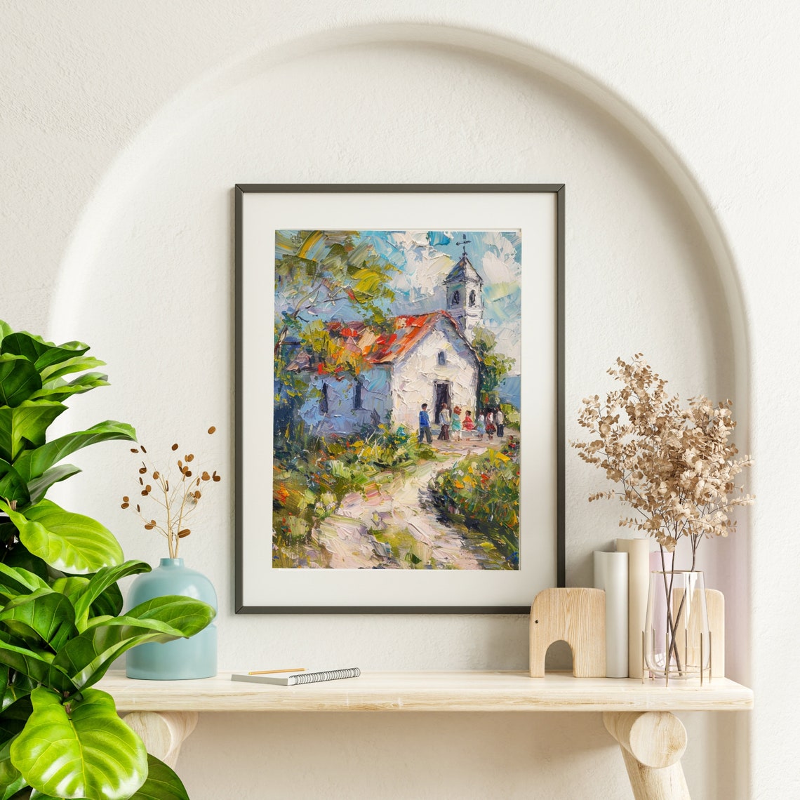 Village Church with Red Roof Impasto Style Spring Painting Poster - Image 5