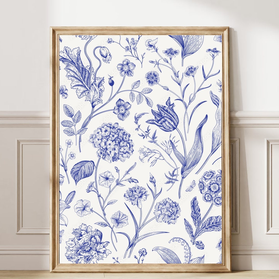 Blue White Botanical Toile Floral Line Illustration Garden Poster - Image 6