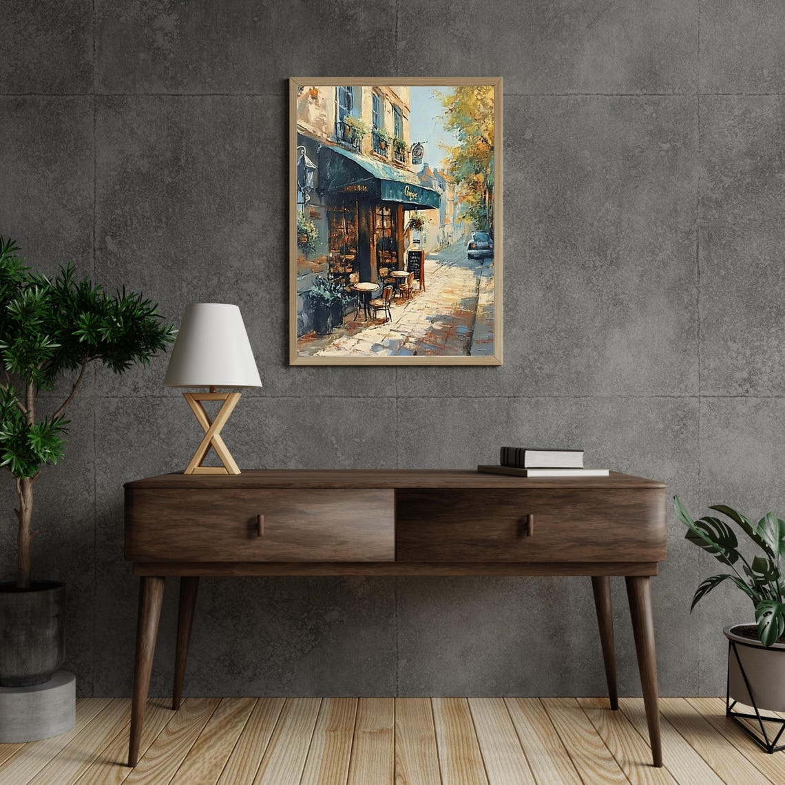 Sunlit Parisian Cafe Corner On Cobblestone Street Painting Poster - Image 2