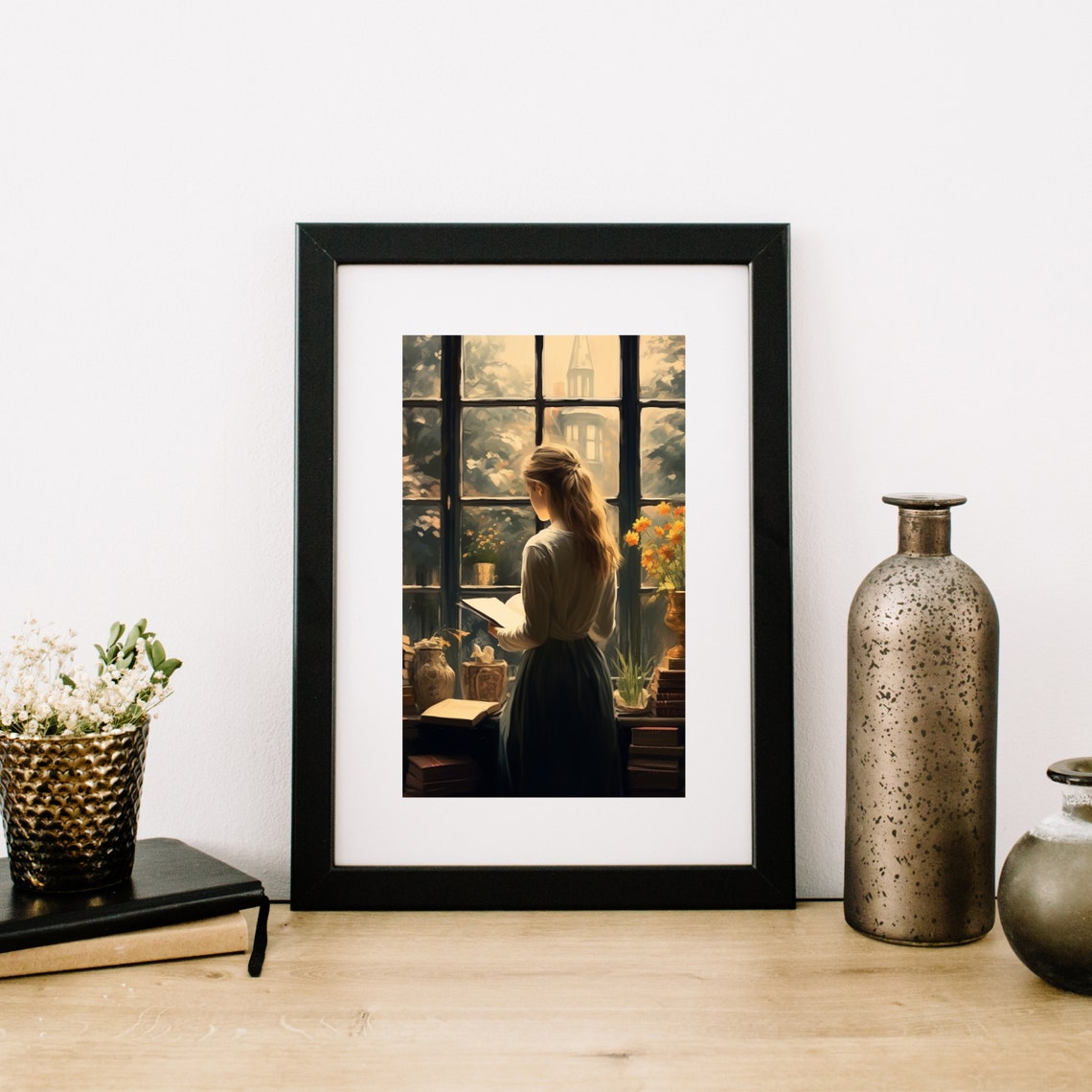 Girl Reading At Grand Window With Books Vintage Dark Art Poster - Image 4