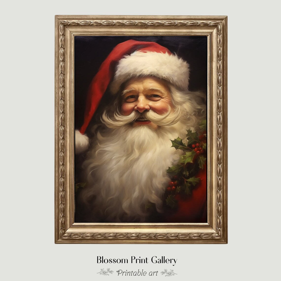 Vintage Santa Claus Portrait Red Hat Holly Classic Art Poster - Image 6